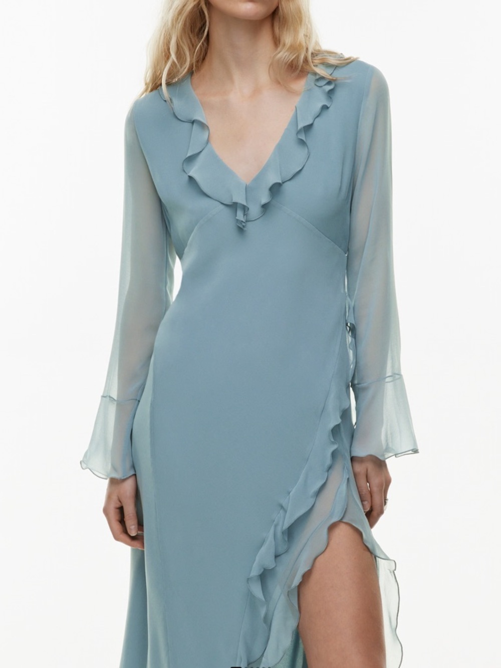 Wilfred Slate-Blue Ruffle-Trim Long Sleeve Midi Dress